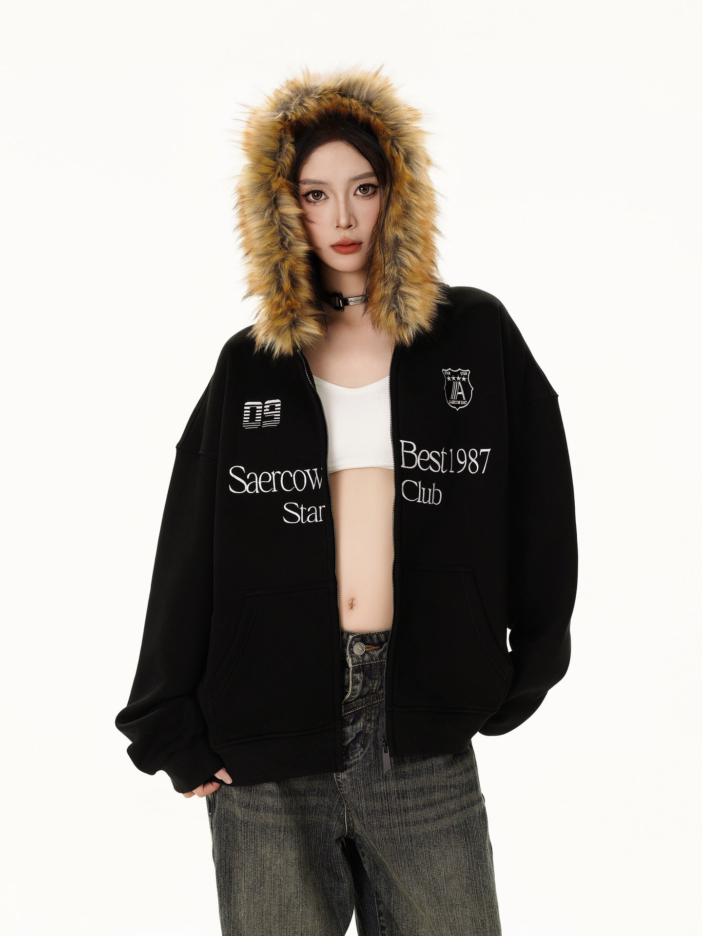 【2color】Fur Trimmed Vintage Club Zip Hoodie mry001633