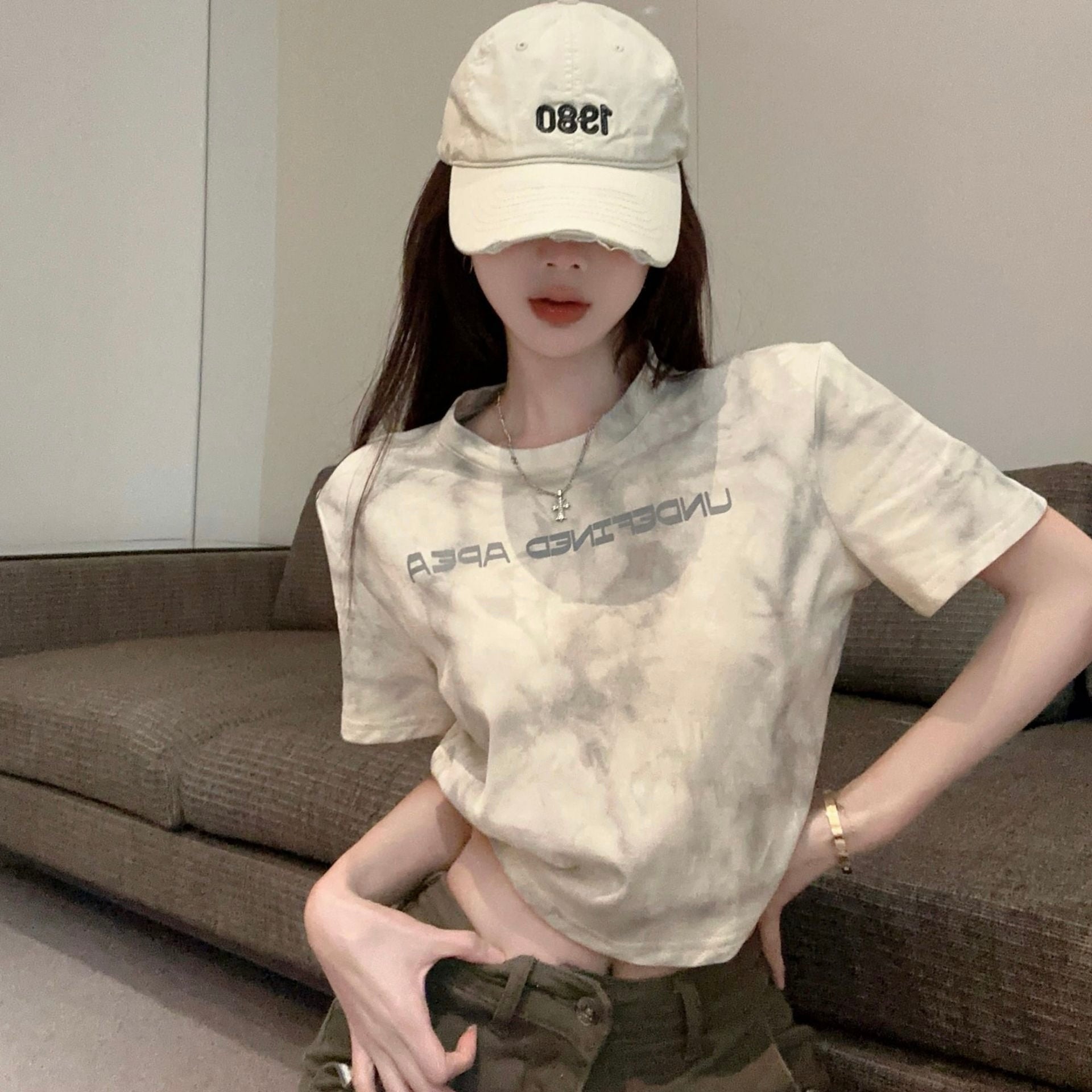 ２カラー展開 2023SS タイダイ柄 クロップド丈 レタリング 半袖 Tシャツ 韓国ストリート 韓国カジュアル　mry000840