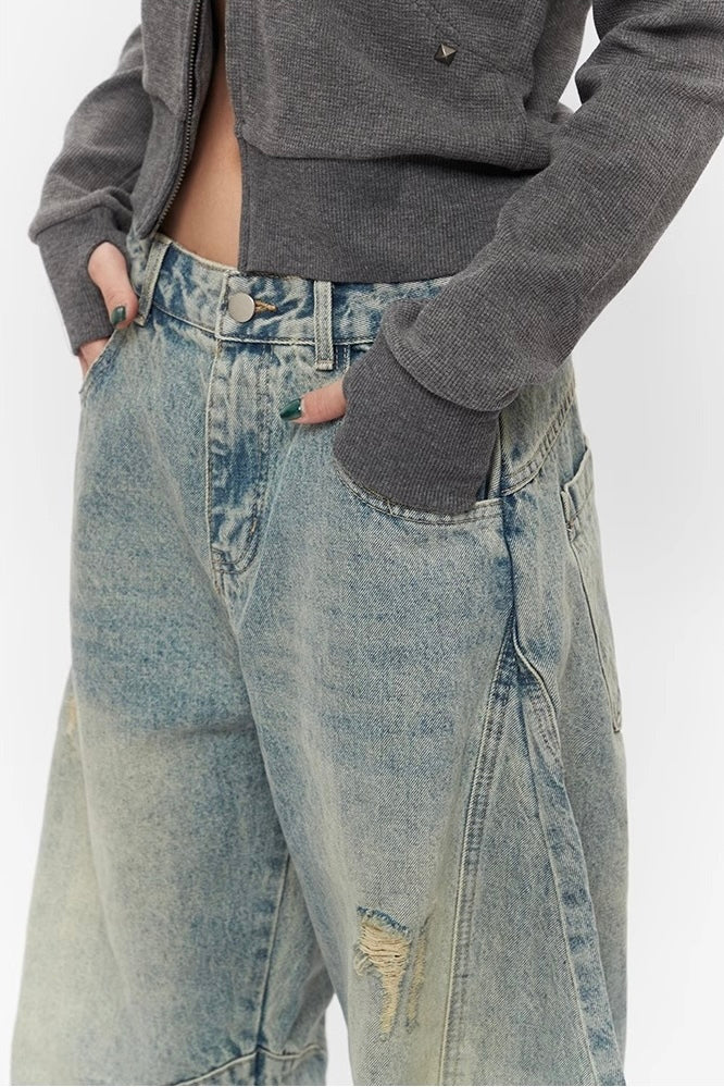 Vintage Wide-Leg Distressed Baggy Denim Pants mry001629
