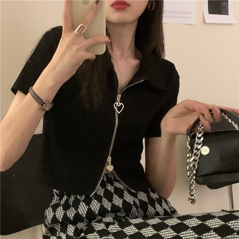 ５カラー展開 2023大人気 半袖 センタージッパー トップス ショート丈 韓国ストリート 韓国カジュアル  mry000659